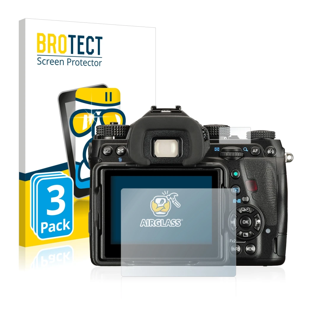Vorderseite einer Produktverpackung mit dem Markenlogo BROTECT. Daneben ist das Gerät Pentax K-1 Mark II mit dem zugehörigen D