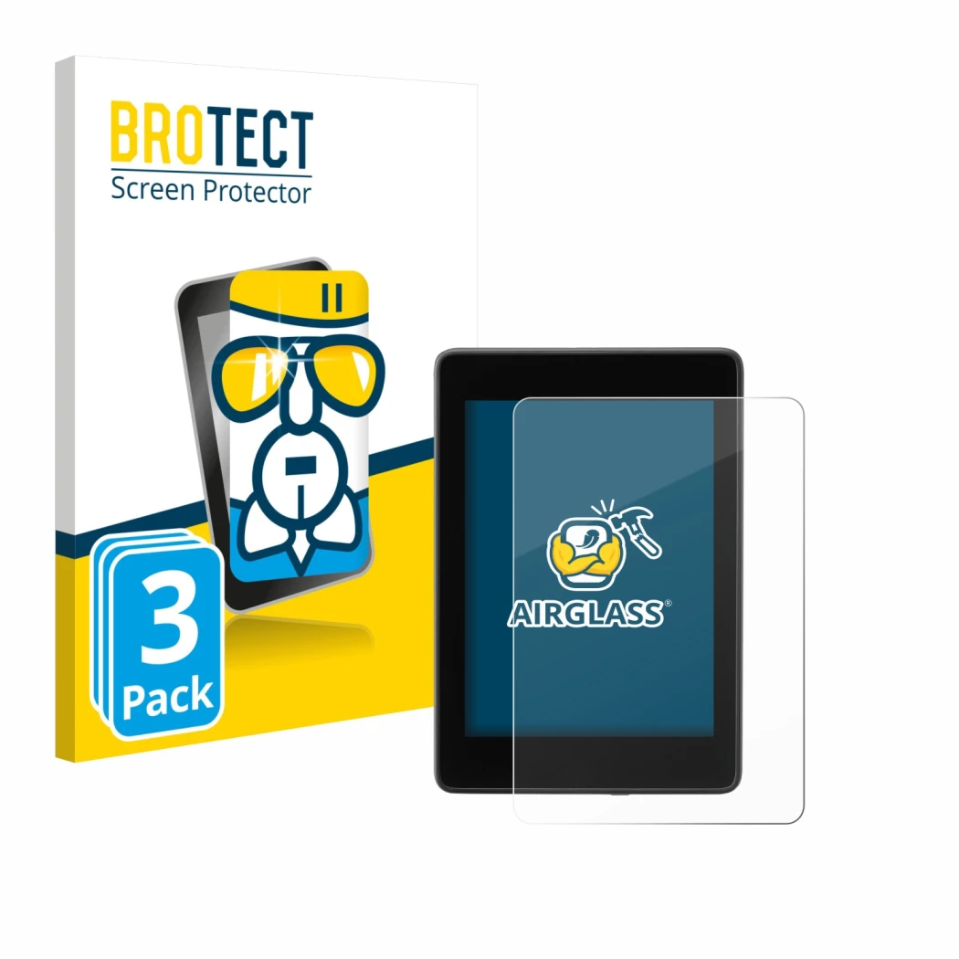 Vorderseite einer Produktverpackung mit dem Markenlogo BROTECT. Daneben ist das Gerät Amazon Kindle Paperwhite 2018 (10. Gen.)