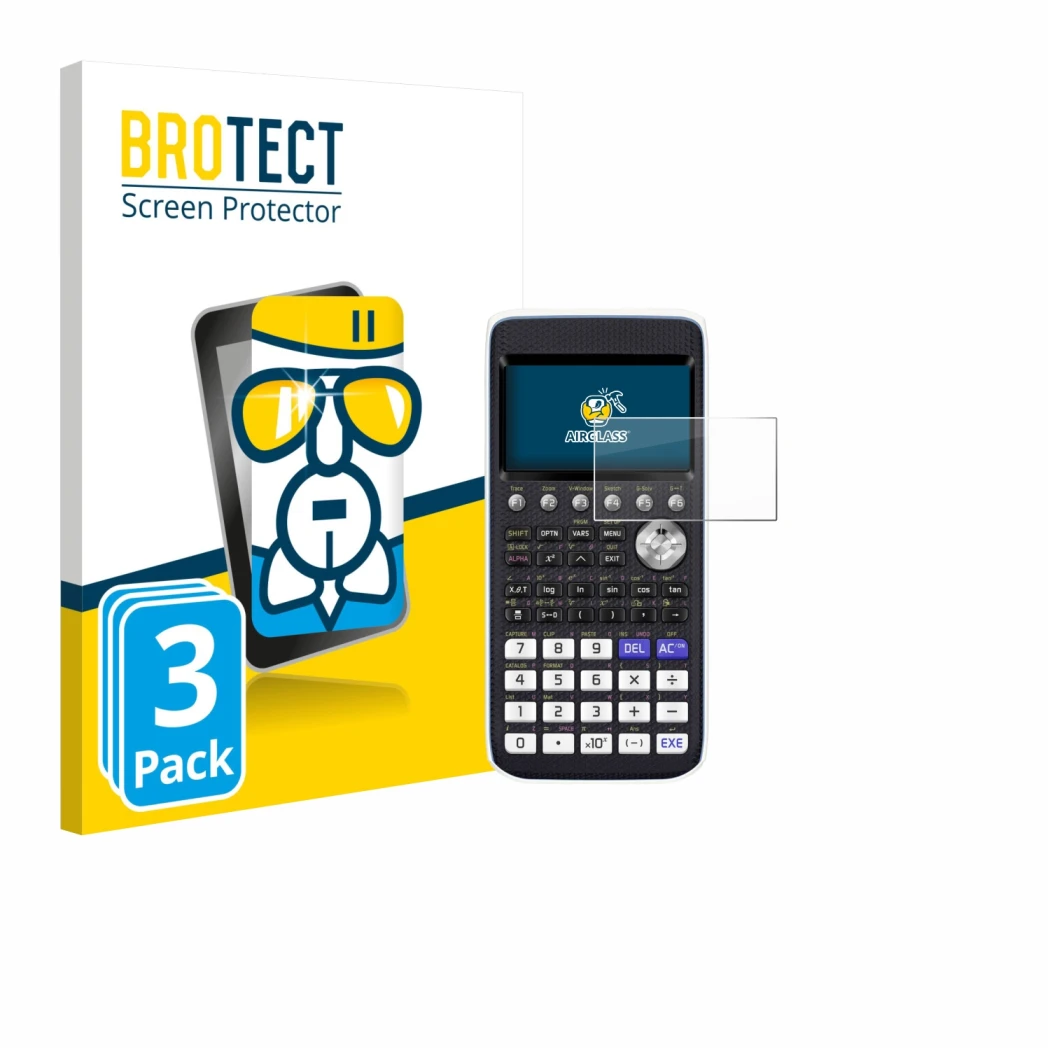 Vorderseite einer Produktverpackung mit dem Markenlogo BROTECT. Daneben ist das Gerät Casio FX-CG50 mit dem zugehörigen Displa