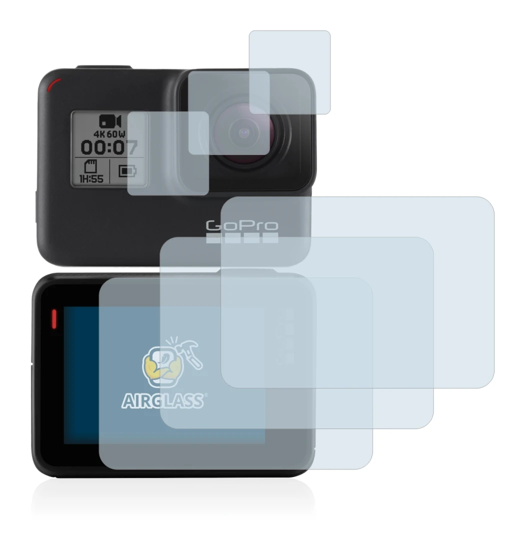 Abbildung des Geräts GoPro Hero 7 Black mit einer Vielzahl des Displayschutzes.