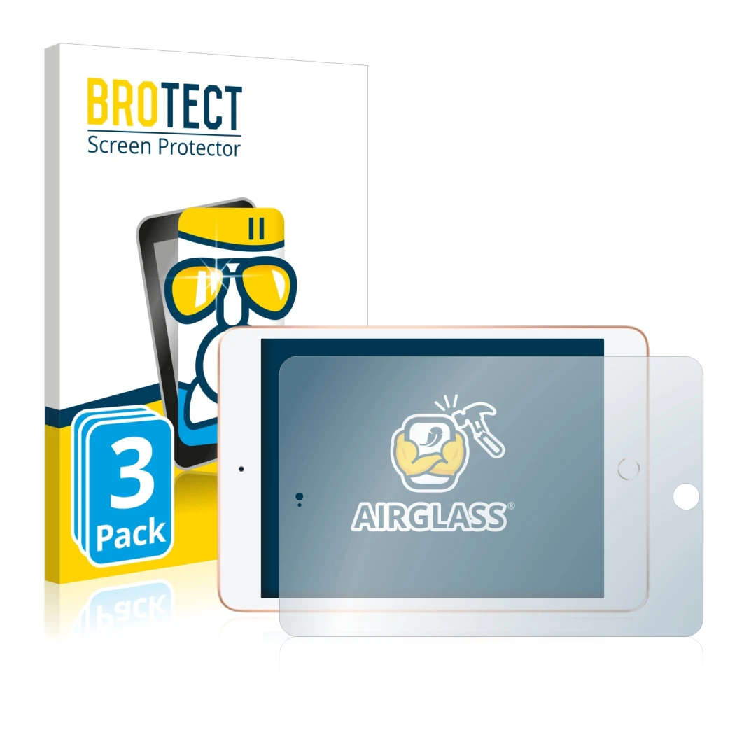 Vorderseite einer Produktverpackung mit dem Markenlogo BROTECT. Daneben ist das Gerät Apple iPad Mini 5 2019 (im Querformat, 5