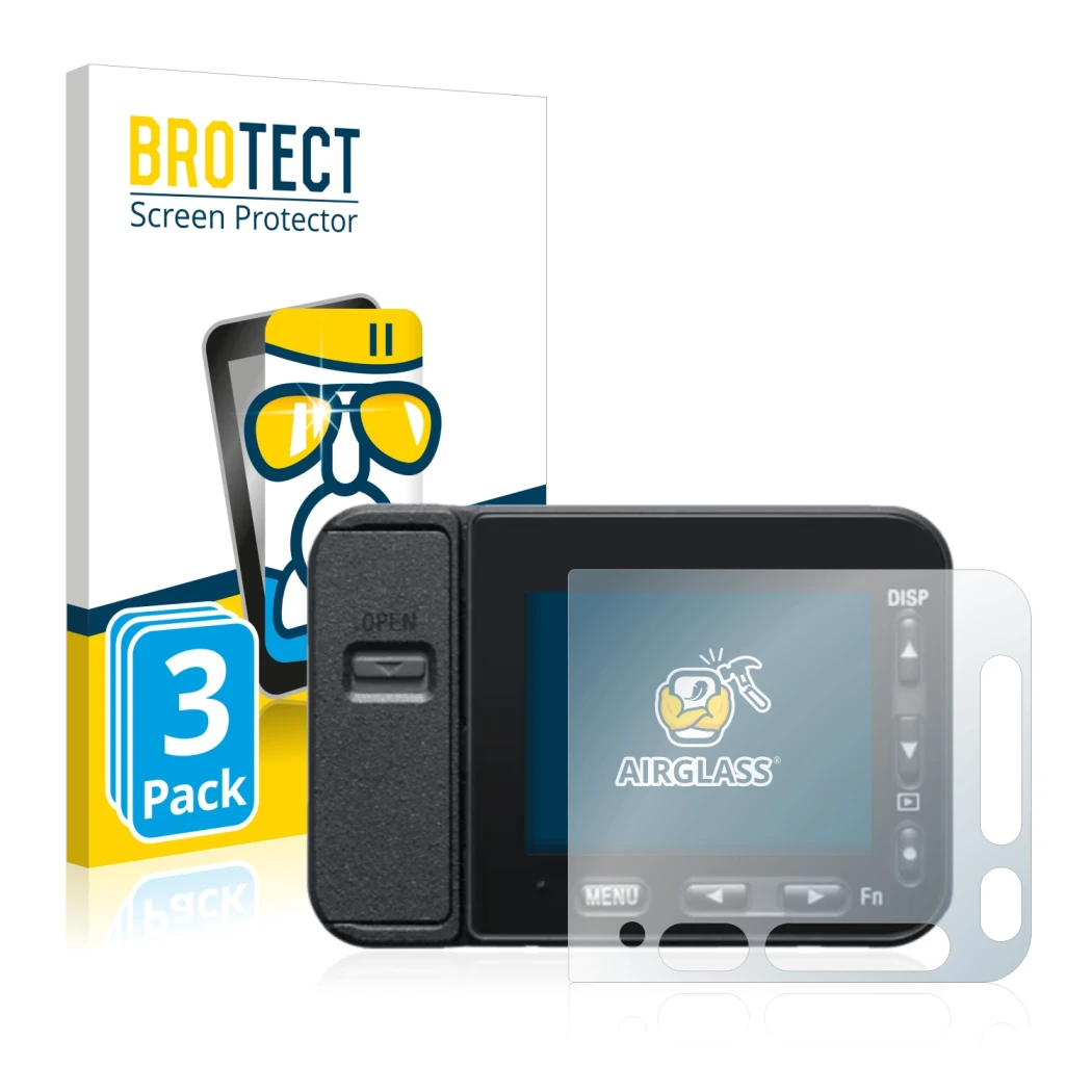 Vorderseite einer Produktverpackung mit dem Markenlogo BROTECT. Daneben ist das Gerät Sony DSC-RX0M2 (RX0 II) mit dem zugehöri