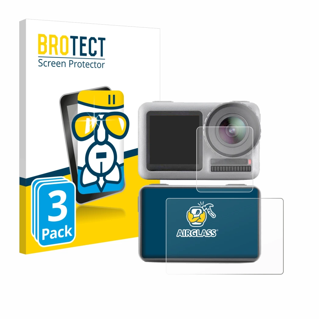 Vorderseite einer Produktverpackung mit dem Markenlogo BROTECT. Daneben ist das Gerät DJI Osmo Action mit dem zugehörigen Disp