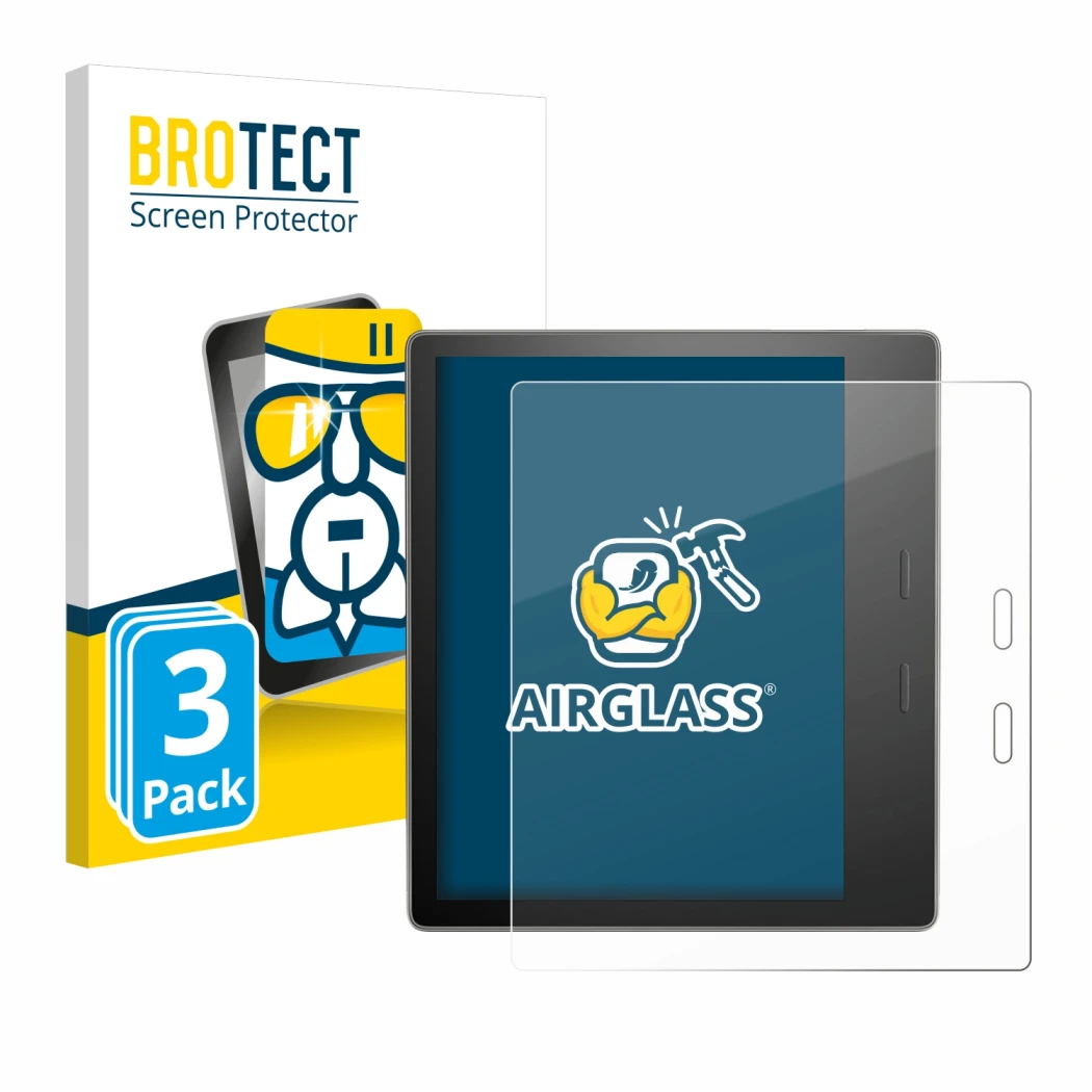 Vorderseite einer Produktverpackung mit dem Markenlogo BROTECT. Daneben ist das Gerät Amazon Kindle Oasis 2019 (10. Gen.) mit 