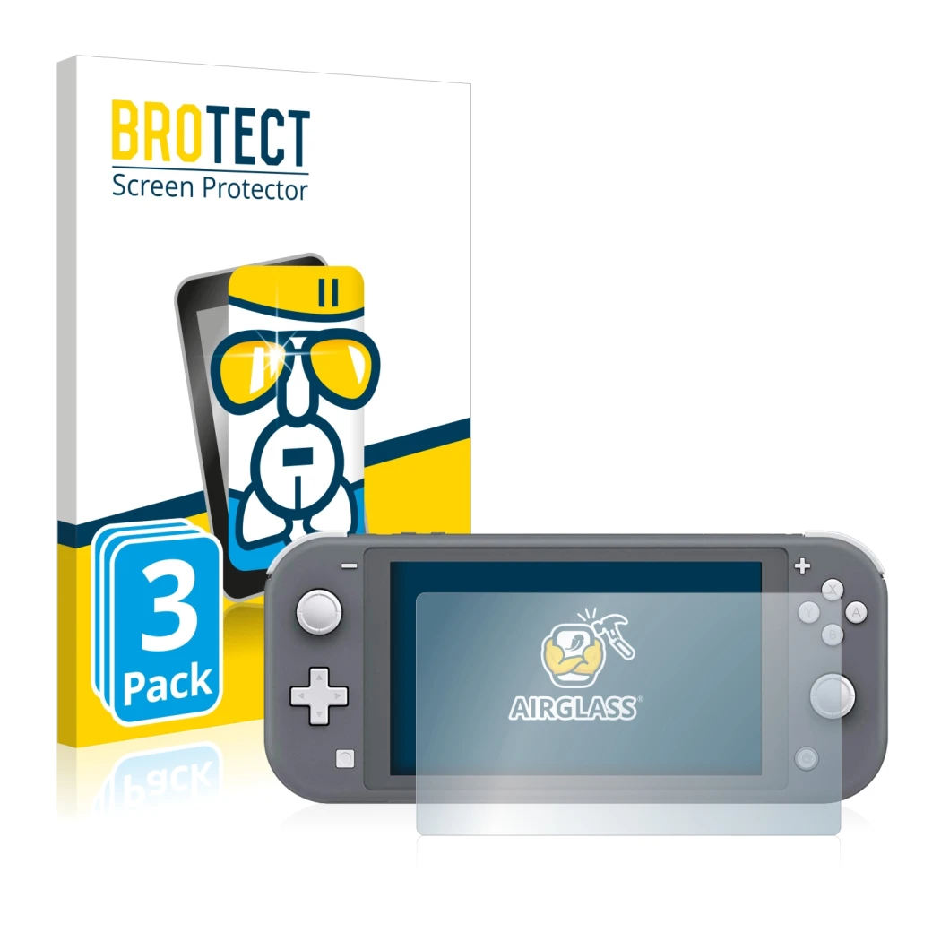 Vorderseite einer Produktverpackung mit dem Markenlogo BROTECT. Daneben ist das Gerät Nintendo Switch Lite mit dem zugehörigen