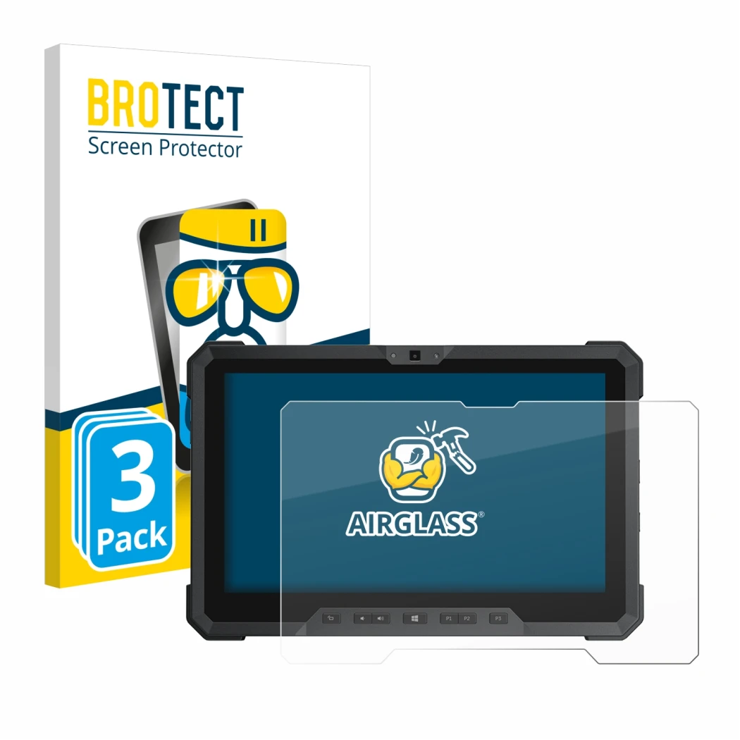 Vorderseite einer Produktverpackung mit dem Markenlogo BROTECT. Daneben ist das Gerät Dell Latitude 12 Rugged 7212 mit dem zug