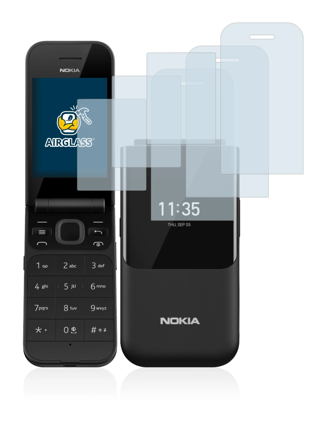 Abbildung des Geräts Nokia 2720 Flip mit einer Vielzahl des Displayschutzes.