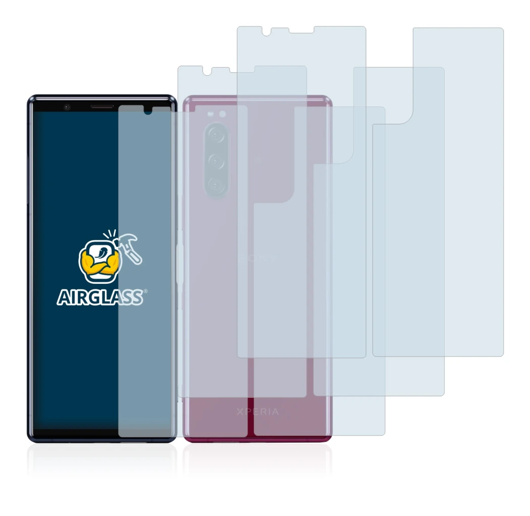 Abbildung des Geräts Sony Xperia 5 (Display+Rückseite) mit einer Vielzahl des Displayschutzes.