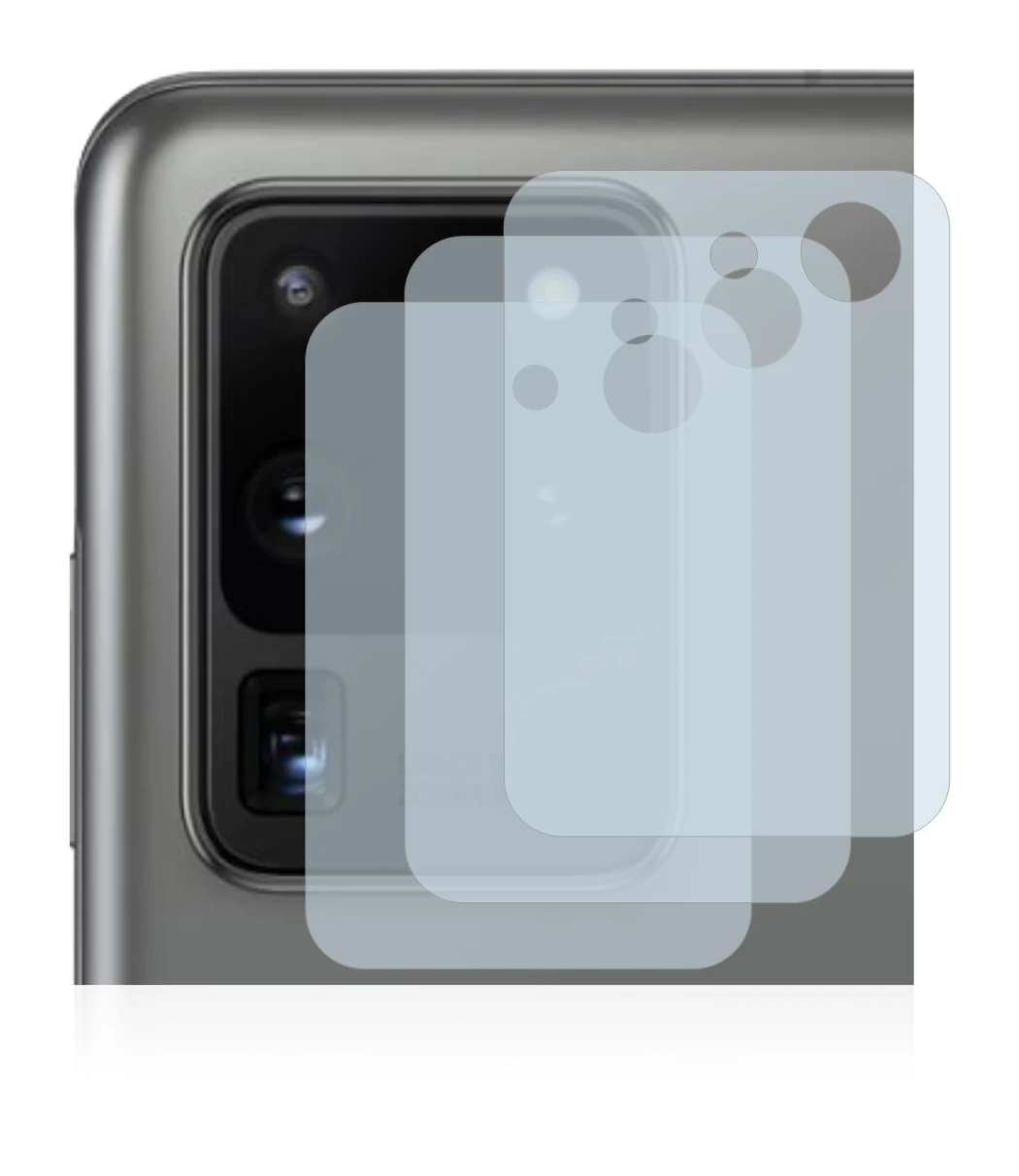 Abbildung des Geräts Samsung Galaxy S20 Ultra (NUR Kameraschutz) mit einer Vielzahl des Displayschutzes.