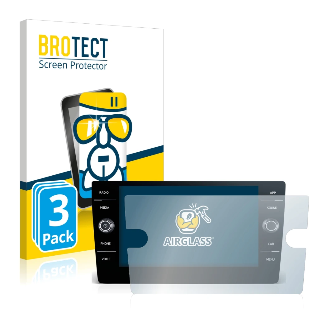 Vorderseite einer Produktverpackung mit dem Markenlogo BROTECT. Daneben ist das Gerät Volkswagen Golf GTI 2017 Discover Media