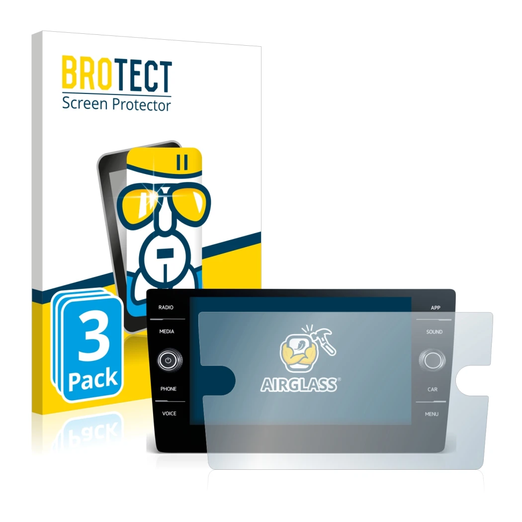 Vorderseite einer Produktverpackung mit dem Markenlogo BROTECT. Daneben ist das Gerät Volkswagen Touran 2017 Discover Media 8