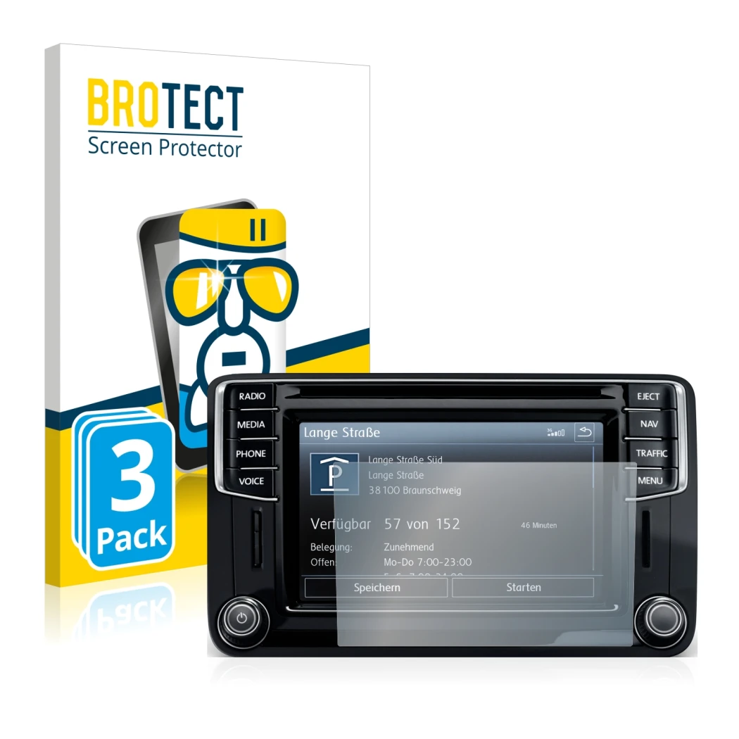 Vorderseite einer Produktverpackung mit dem Markenlogo BROTECT. Daneben ist das Gerät Volkswagen Caddy 2015 Discover Media 6.5