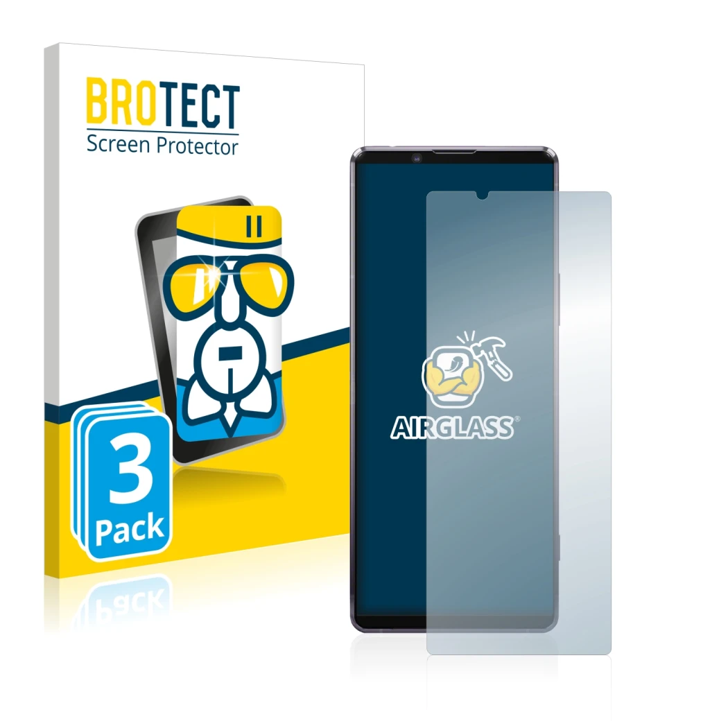 Vorderseite einer Produktverpackung mit dem Markenlogo BROTECT. Daneben ist das Gerät Sony Xperia 1 II mit dem zugehörigen Dis