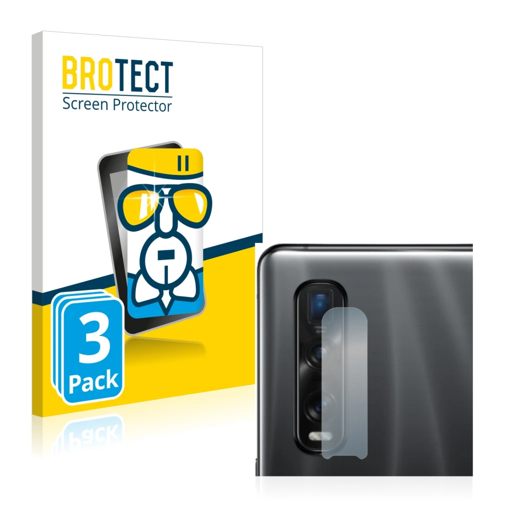 Vorderseite einer Produktverpackung mit dem Markenlogo BROTECT. Daneben ist das Gerät Oppo Find X2 Pro (NUR Kameraschutz) mit 