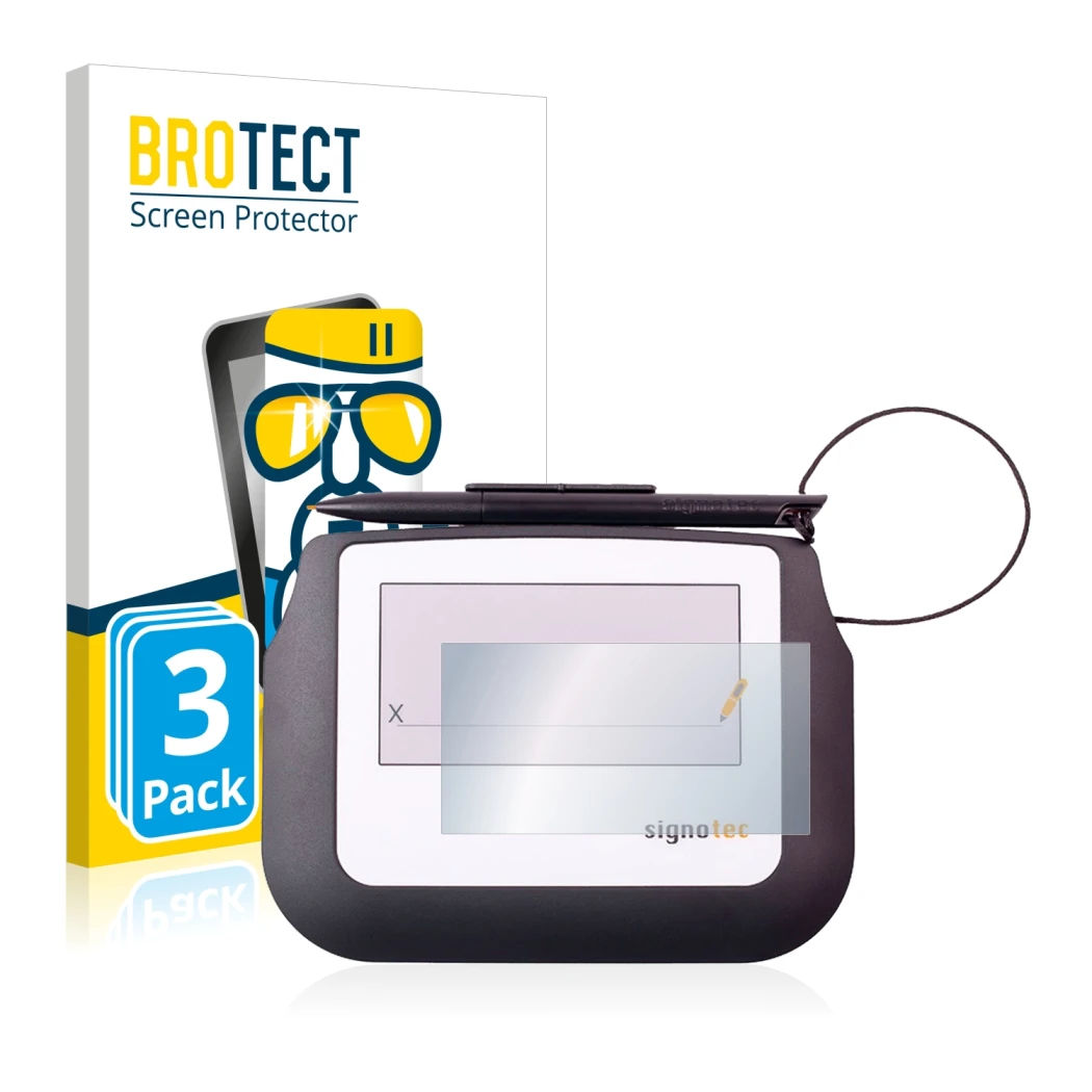 Vorderseite einer Produktverpackung mit dem Markenlogo BROTECT. Daneben ist das Gerät Signotec Signature Sigma Lite mit dem zu
