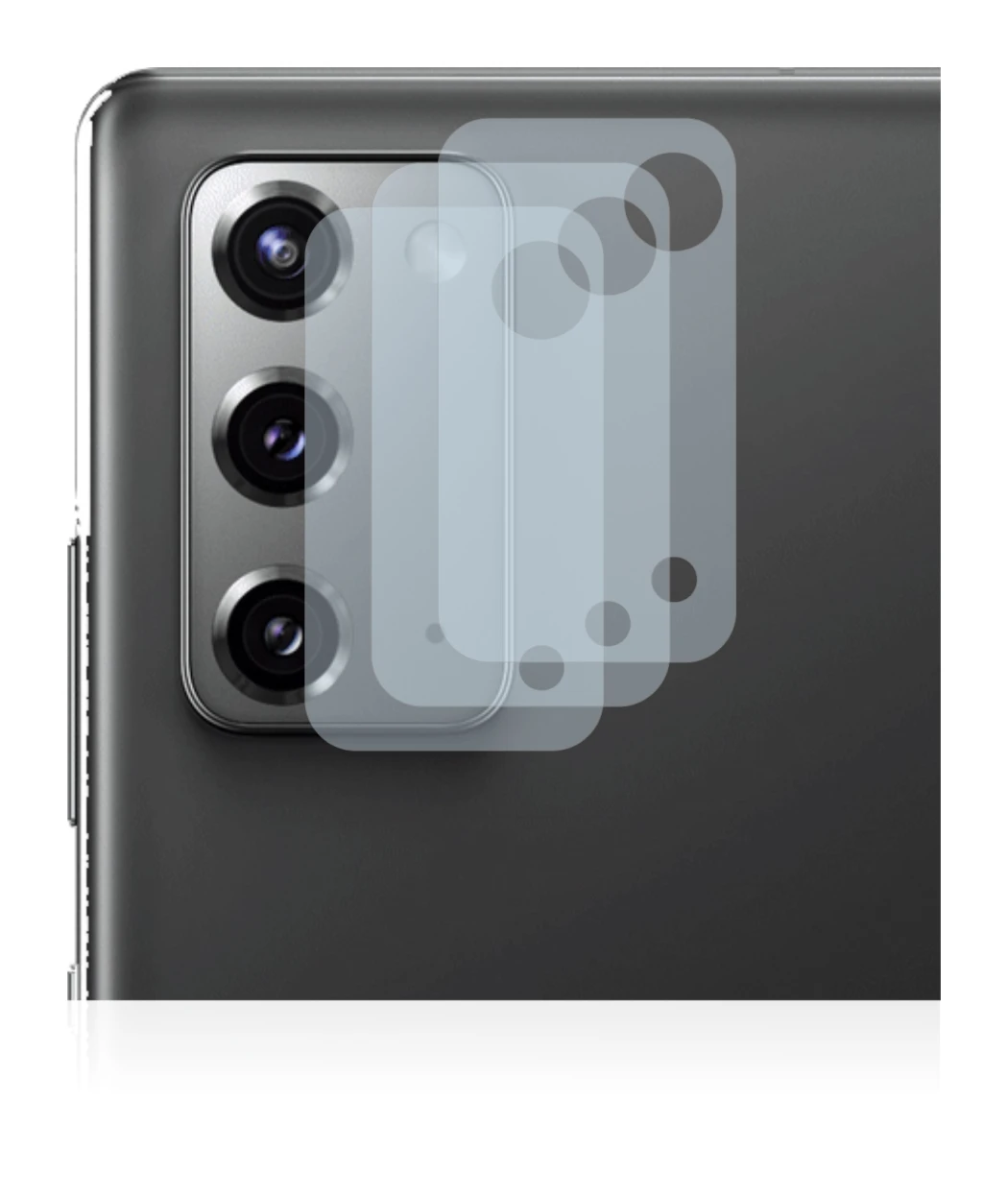 Abbildung des Geräts Samsung Galaxy Note 20 5G (NUR Kameraschutz) mit einer Vielzahl des Displayschutzes.