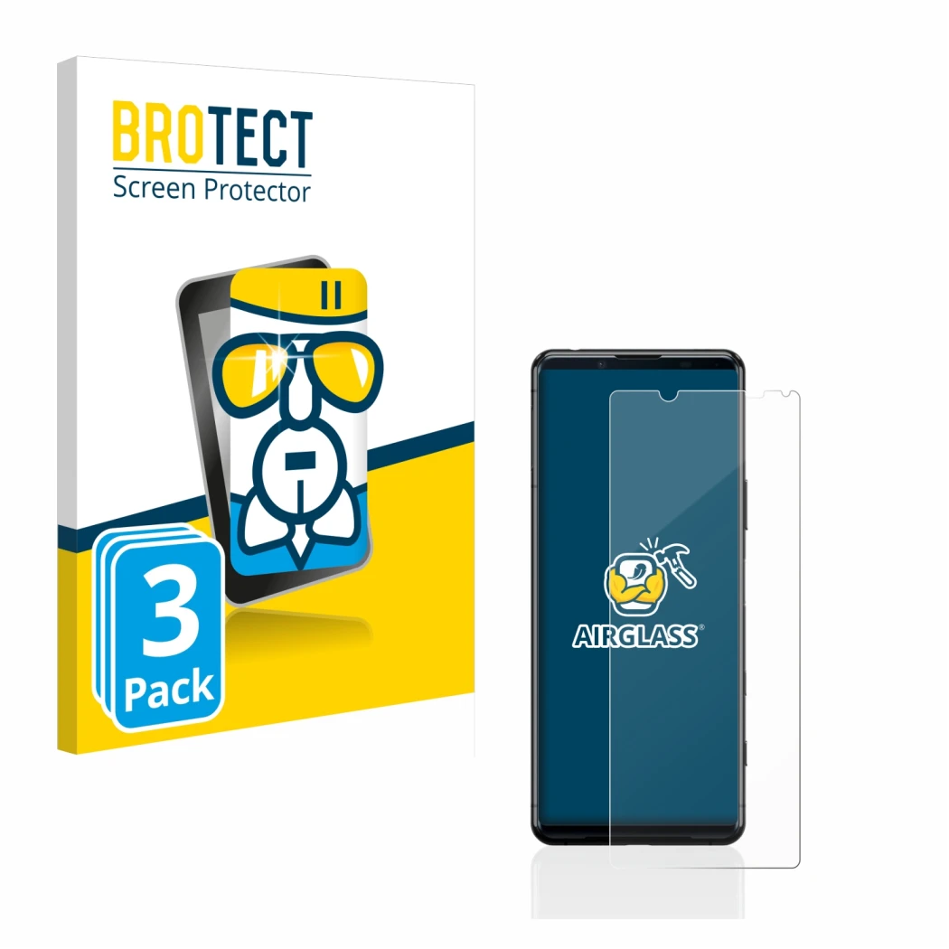 Vorderseite einer Produktverpackung mit dem Markenlogo BROTECT. Daneben ist das Gerät Sony Xperia 5 II mit dem zugehörigen Dis