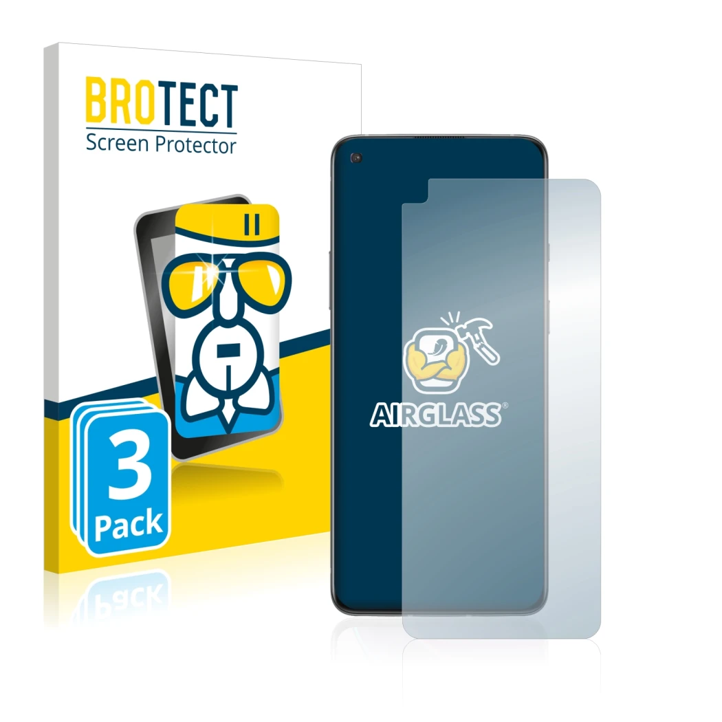 Vorderseite einer Produktverpackung mit dem Markenlogo BROTECT. Daneben ist das Gerät OnePlus 8T mit dem zugehörigen Displaysc