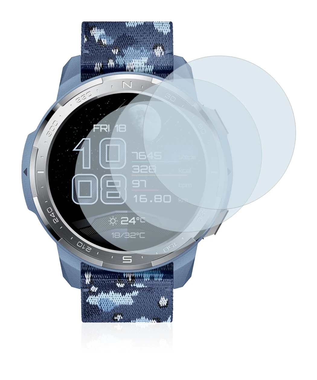 Abbildung des Geräts Honor Watch GS Pro mit einer Vielzahl des Displayschutzes.