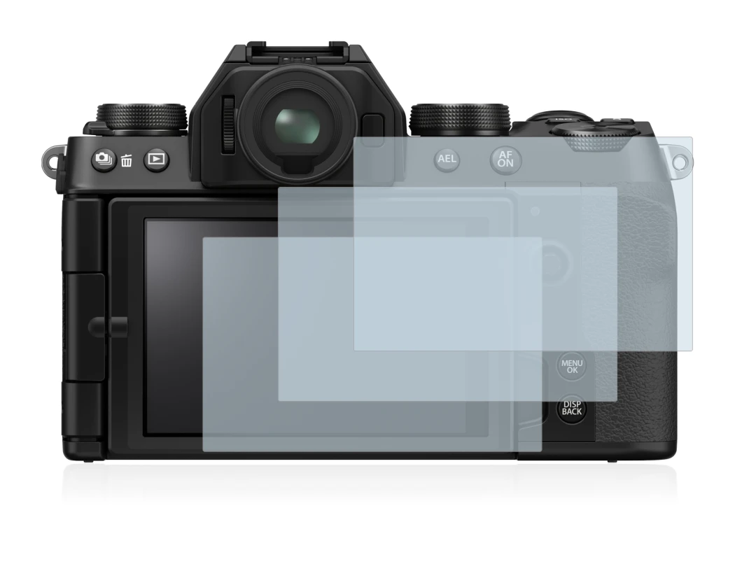 Abbildung des Geräts Fujifilm X-S10 mit einer Vielzahl des Displayschutzes.