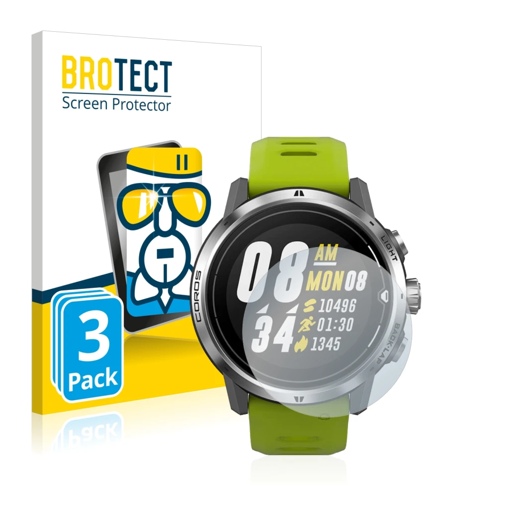 Vorderseite einer Produktverpackung mit dem Markenlogo BROTECT. Daneben ist das Gerät Coros Apex Pro mit dem zugehörigen Displ