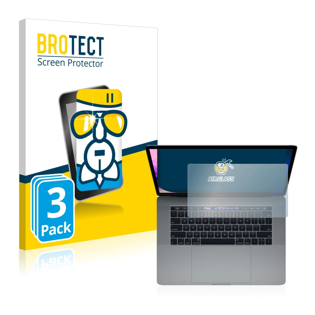 Vorderseite einer Produktverpackung mit dem Markenlogo BROTECT. Daneben ist das Gerät Apple MacBook Pro 15