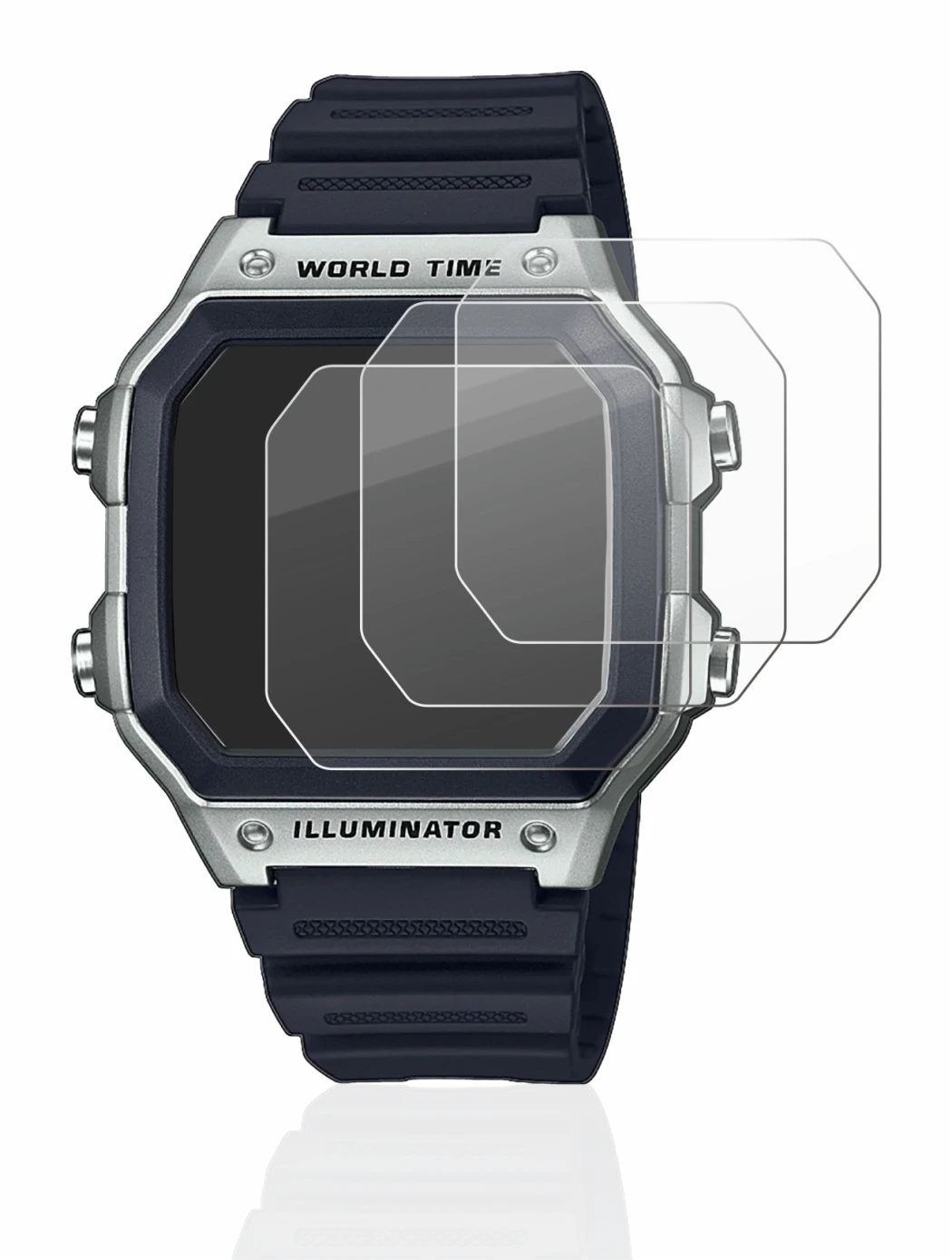 Abbildung des Geräts Casio AE-1200WH mit einer Vielzahl des Displayschutzes.
