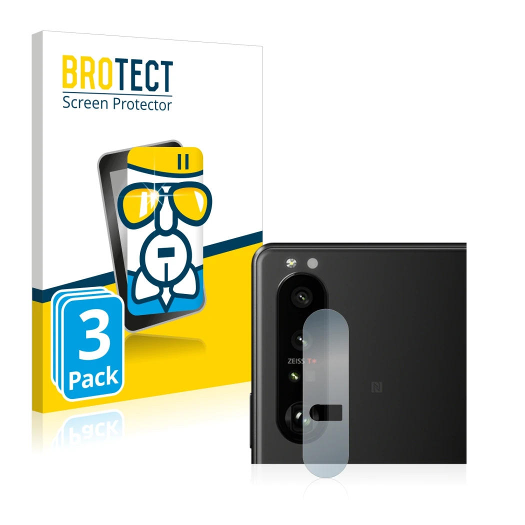 Vorderseite einer Produktverpackung mit dem Markenlogo BROTECT. Daneben ist das Gerät Sony Xperia 1 III (NUR Kameraschutz) mit