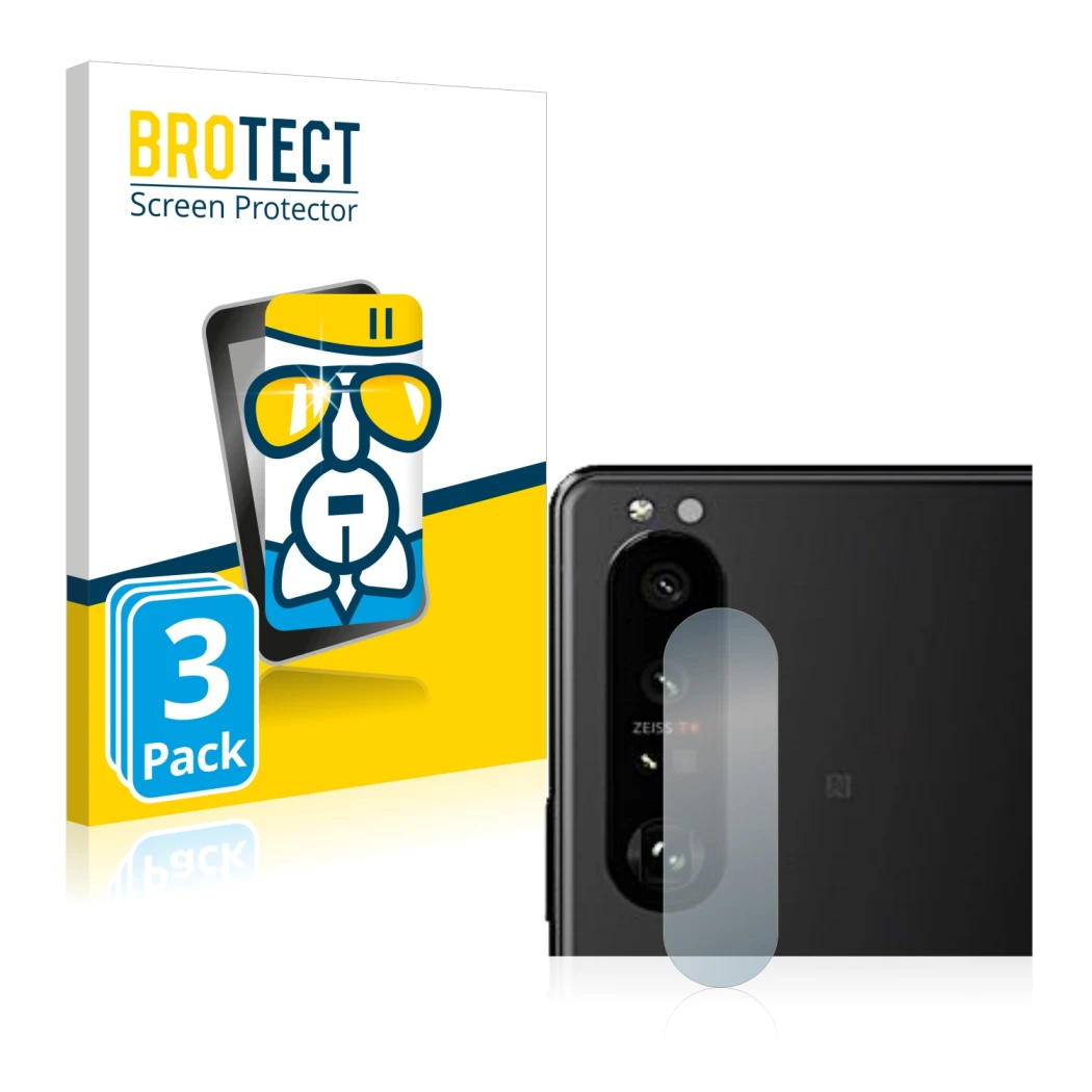 Vorderseite einer Produktverpackung mit dem Markenlogo BROTECT. Daneben ist das Gerät Sony Xperia 5 III (NUR Kameraschutz) mit