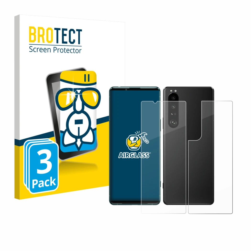 Vorderseite einer Produktverpackung mit dem Markenlogo BROTECT. Daneben ist das Gerät Sony Xperia 5 III (Display+Rückseite) mi