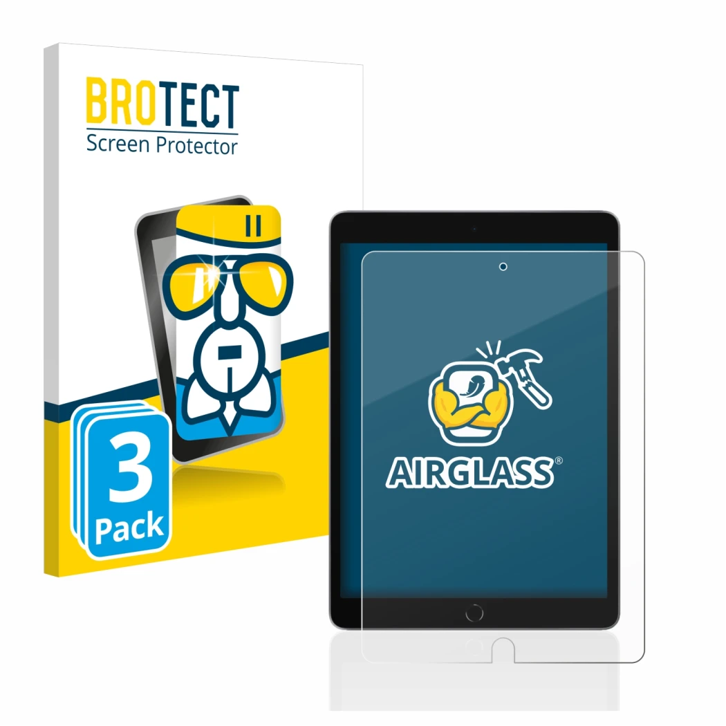 Vorderseite einer Produktverpackung mit dem Markenlogo BROTECT. Daneben ist das Gerät Apple iPad 10.2