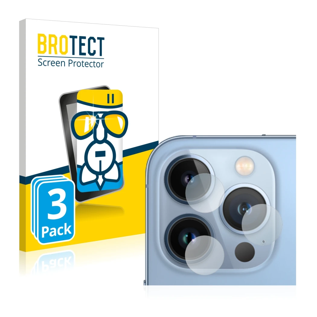 Vorderseite einer Produktverpackung mit dem Markenlogo BROTECT. Daneben ist das Gerät Apple iPhone 13 Pro (NUR Kameraschutz) m