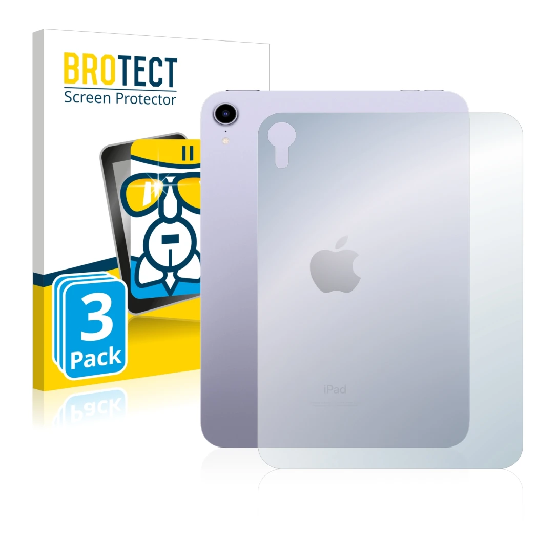 Vorderseite einer Produktverpackung mit dem Markenlogo BROTECT. Daneben ist das Gerät Apple iPad Mini 6 WiFi 2021 (Rückseite, 