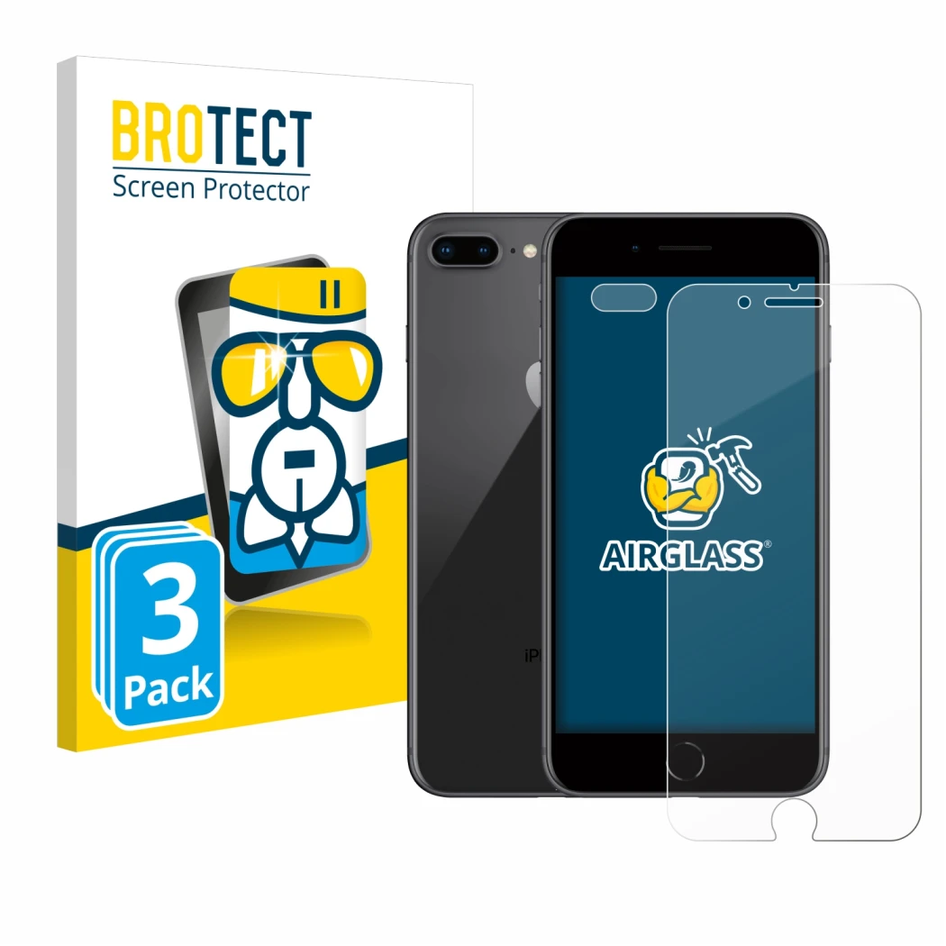 Vorderseite einer Produktverpackung mit dem Markenlogo BROTECT. Daneben ist das Gerät Apple iPhone 8 Plus (Display+Kamera) mit