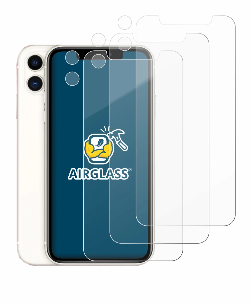 Abbildung des Geräts Apple iPhone 11 (Display+Kamera) mit einer Vielzahl des Displayschutzes.