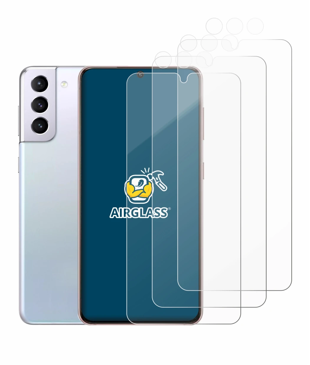 Abbildung des Geräts Samsung Galaxy S21 (Display+Kamera) mit einer Vielzahl des Displayschutzes.
