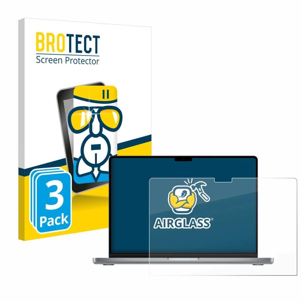 Vorderseite einer Produktverpackung mit dem Markenlogo BROTECT. Daneben ist das Gerät Apple MacBook Pro 14