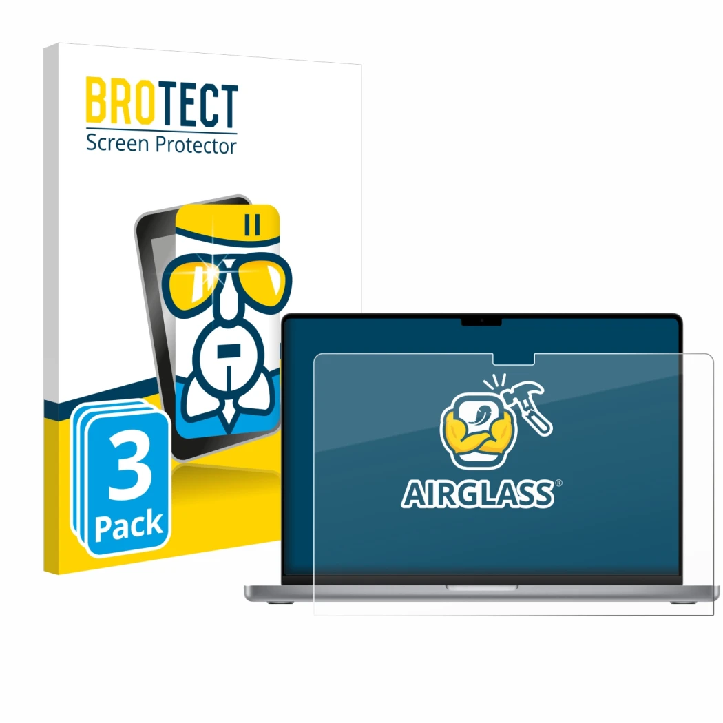 Vorderseite einer Produktverpackung mit dem Markenlogo BROTECT. Daneben ist das Gerät Apple MacBook Pro 16