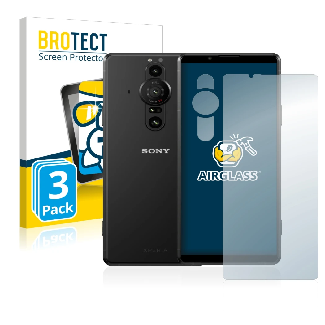 Vorderseite einer Produktverpackung mit dem Markenlogo BROTECT. Daneben ist das Gerät Sony Xperia Pro-I (Display+Kamera) mit d