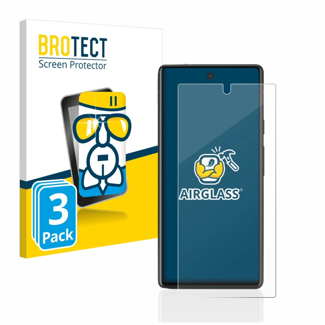 Vorderseite einer Produktverpackung mit dem Markenlogo BROTECT. Daneben ist das Gerät Google Pixel 6a mit dem zugehörigen Disp