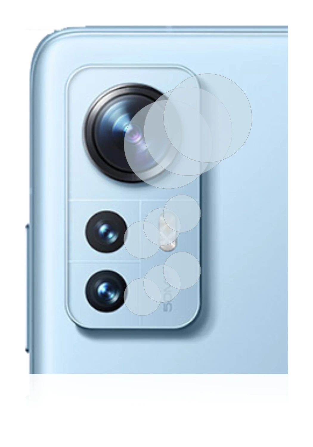Abbildung des Geräts Xiaomi 12 (NUR Kameraschutz) mit einer Vielzahl des Displayschutzes.