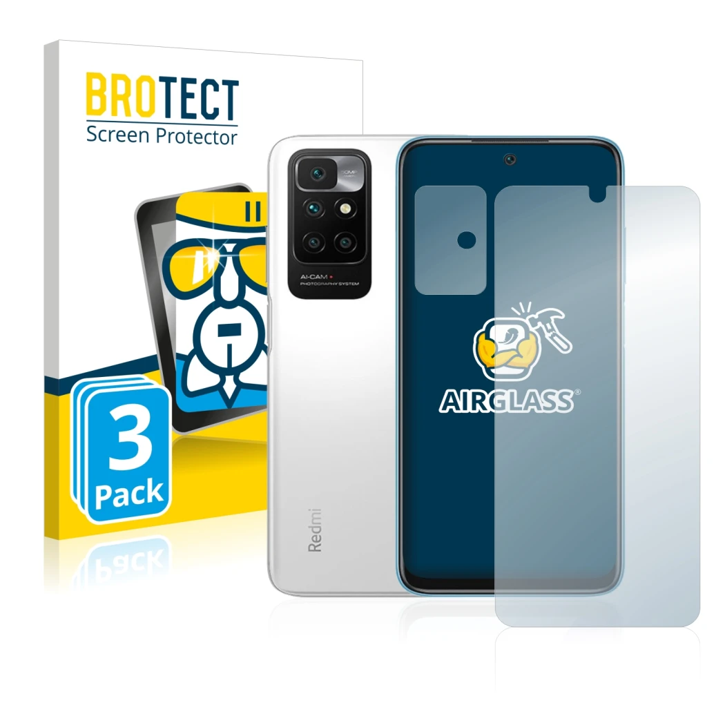 Vorderseite einer Produktverpackung mit dem Markenlogo BROTECT. Daneben ist das Gerät Xiaomi Redmi 10 (Display+Kamera) mit dem