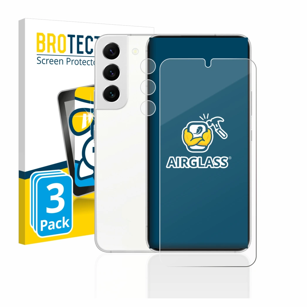 Vorderseite einer Produktverpackung mit dem Markenlogo BROTECT. Daneben ist das Gerät Samsung Galaxy S22 5G (Display+Kamera) m