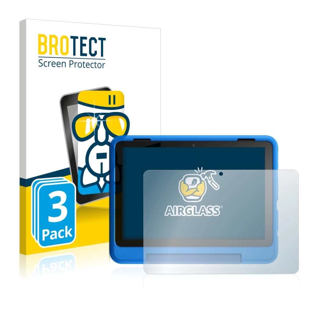 Vorderseite einer Produktverpackung mit dem Markenlogo BROTECT. Daneben ist das Gerät Amazon Fire HD 8 Kids Pro Edition 2021 (