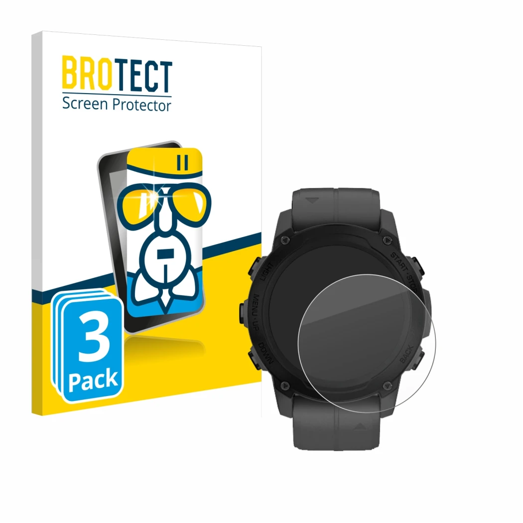 Vorderseite einer Produktverpackung mit dem Markenlogo BROTECT. Daneben ist das Gerät Garmin Descent G1 mit dem zugehörigen Di