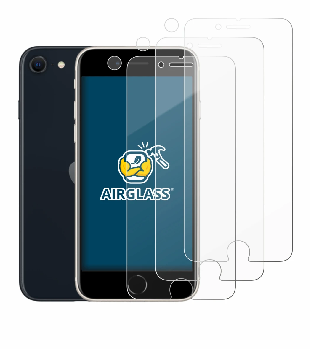 Abbildung des Geräts Apple iPhone SE 3 2022 (Display+Kamera) mit einer Vielzahl des Displayschutzes.