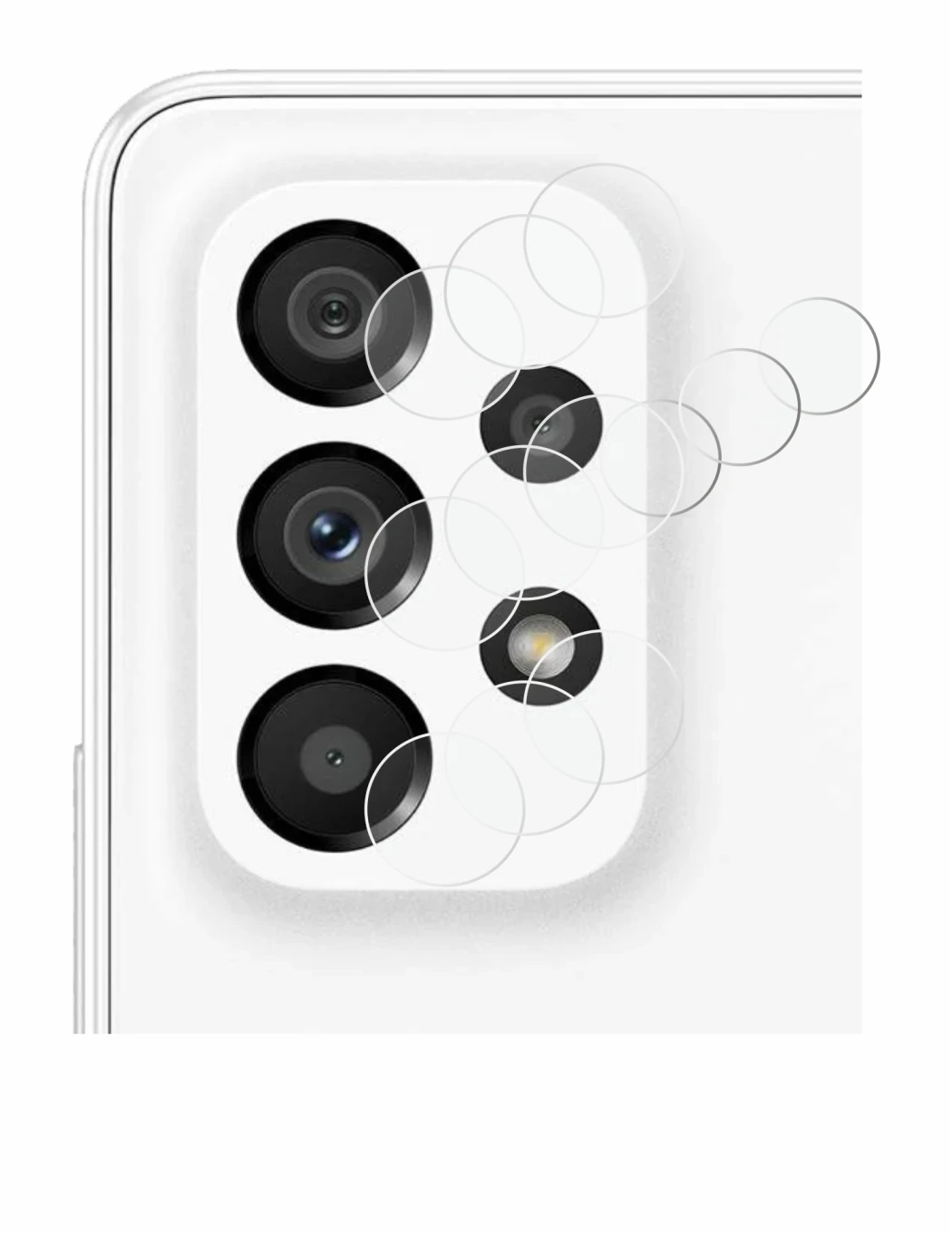 Abbildung des Geräts Samsung Galaxy A53 5G (NUR Kameraschutz) mit einer Vielzahl des Displayschutzes.