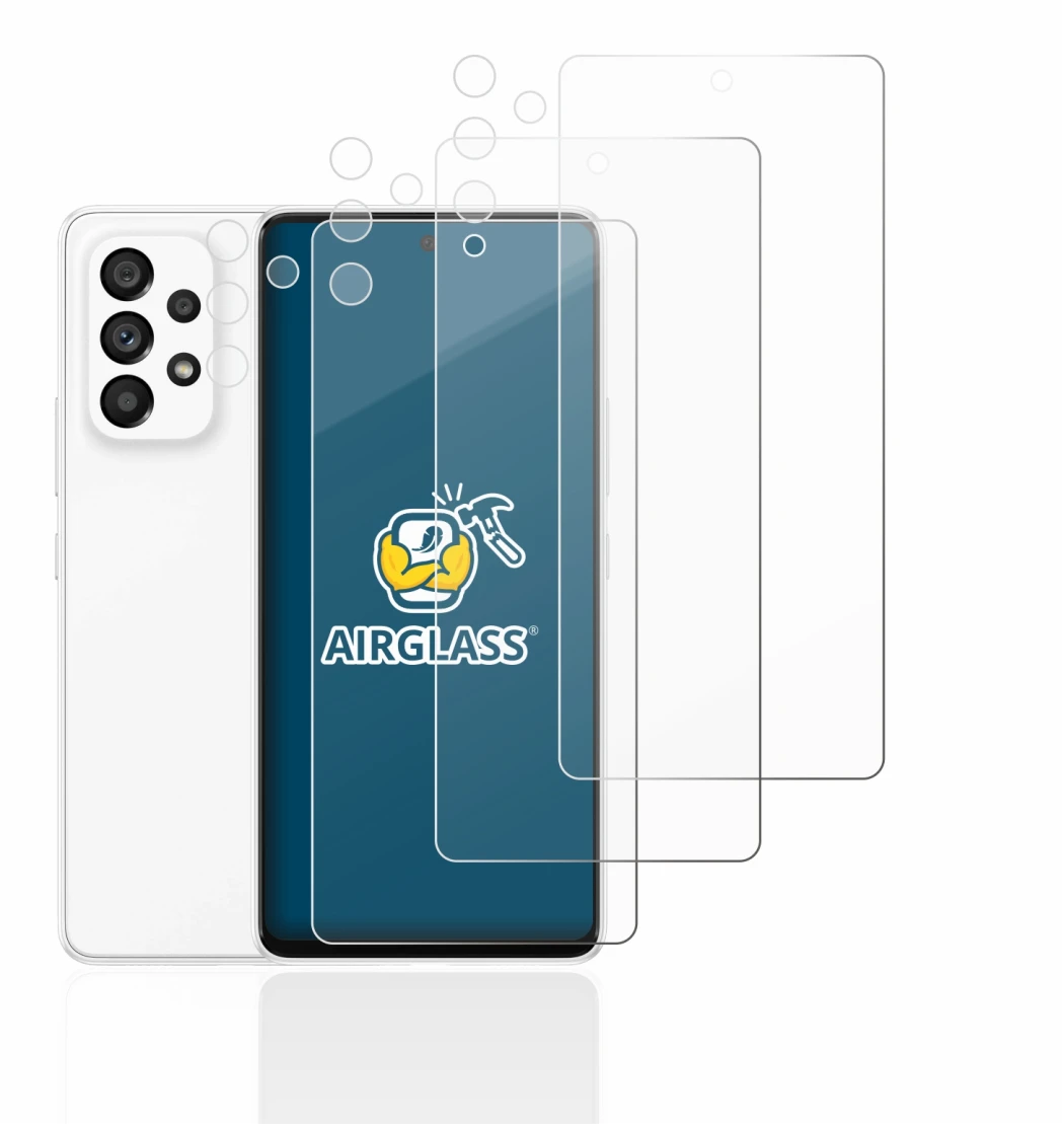 Abbildung des Geräts Samsung Galaxy A53 5G (Display+Kamera) mit einer Vielzahl des Displayschutzes.
