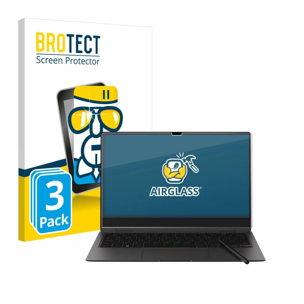 Vorderseite einer Produktverpackung mit dem Markenlogo BROTECT. Daneben ist das Gerät Samsung Galaxy Book2 Pro 360 13.3