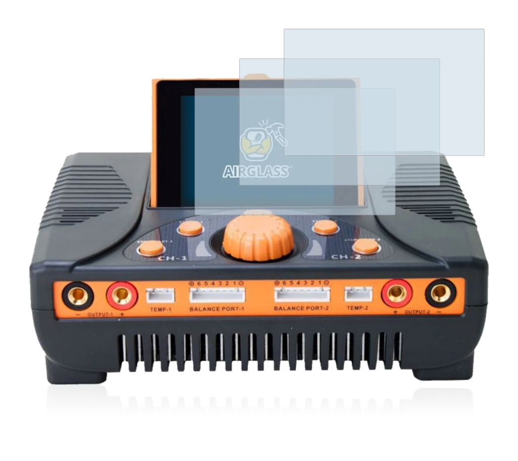 Abbildung des Geräts Junsi iCharger 406 Duo mit einer Vielzahl des Displayschutzes.